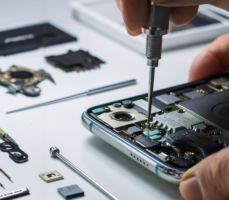 Técnico reparando la placa de un smartphone